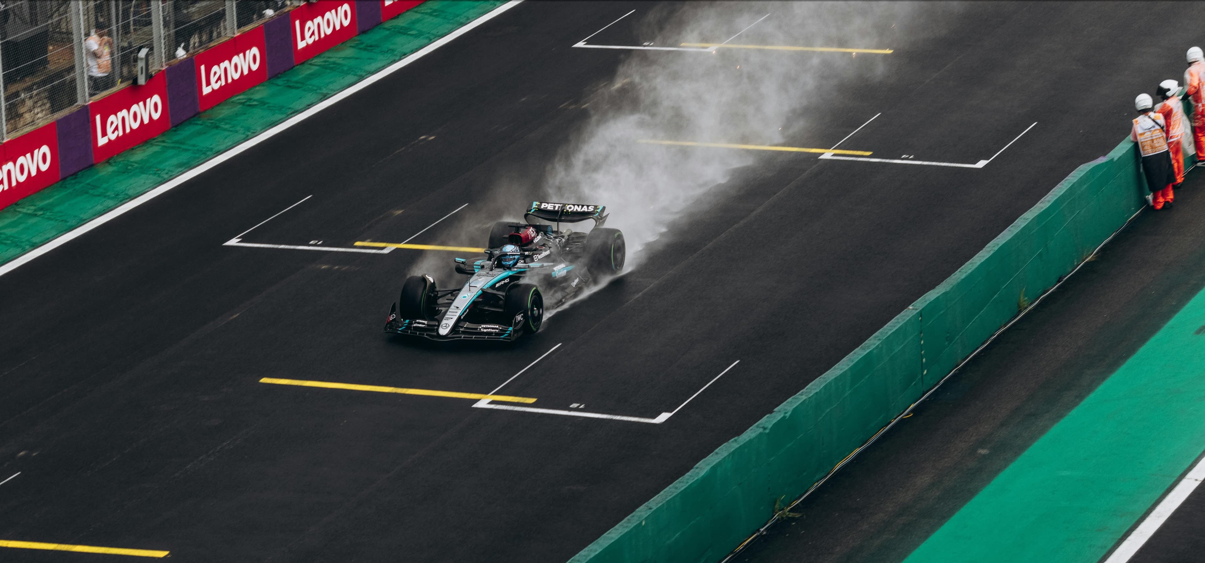 F1 car racing in wet conditions